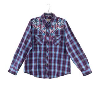 Cedar Rose Western Shirt Womens‎ XL Purple Plaid Embroidered Pearl Snap Cowgirl